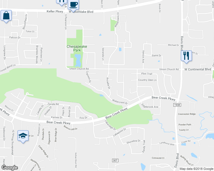 map of restaurants, bars, coffee shops, grocery stores, and more near 526 Arcadia Drive in Keller