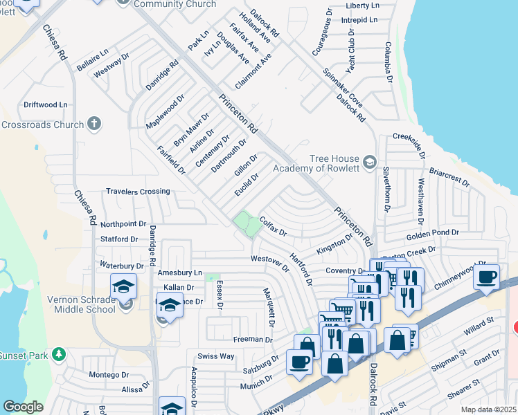 map of restaurants, bars, coffee shops, grocery stores, and more near 7209 Beverly Drive in Rowlett