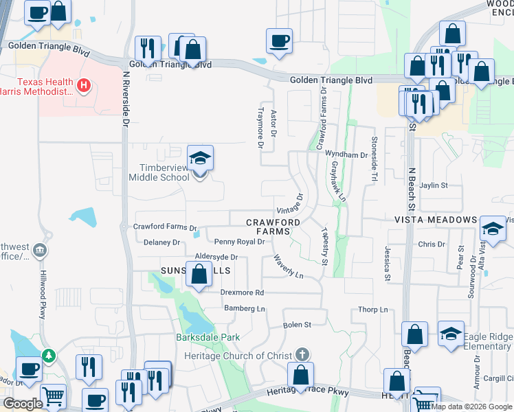 map of restaurants, bars, coffee shops, grocery stores, and more near 10233 Vintage Drive in Fort Worth