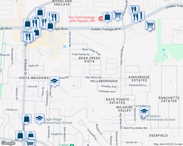 map of restaurants, bars, coffee shops, grocery stores, and more near 4901 Trail Creek Drive in Fort Worth