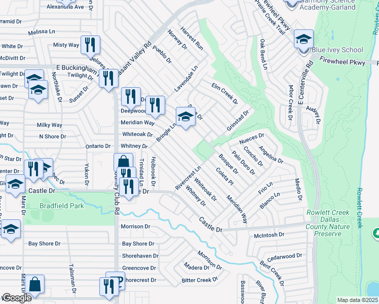 map of restaurants, bars, coffee shops, grocery stores, and more near 1709 Meridian Way in Garland