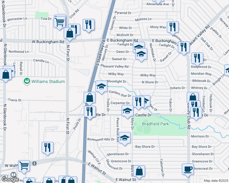 map of restaurants, bars, coffee shops, grocery stores, and more near 605 Eastern Star Drive in Garland