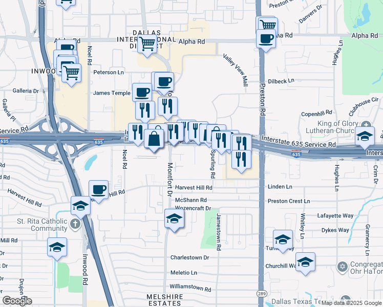 map of restaurants, bars, coffee shops, grocery stores, and more near 5710 Lyndon B Johnson Fwy in Dallas