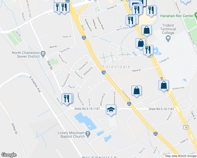 map of restaurants, bars, coffee shops, grocery stores, and more near 2622 Myrtis Lane in Charleston