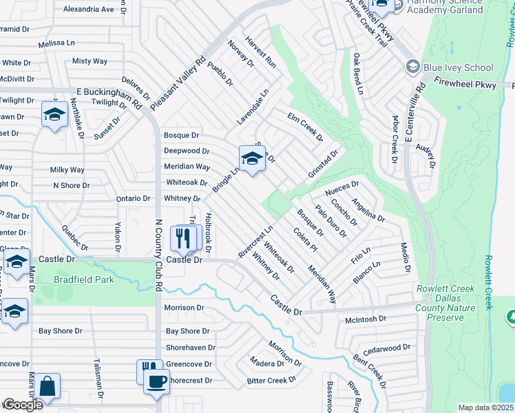 map of restaurants, bars, coffee shops, grocery stores, and more near 1709 Meridian Way in Garland