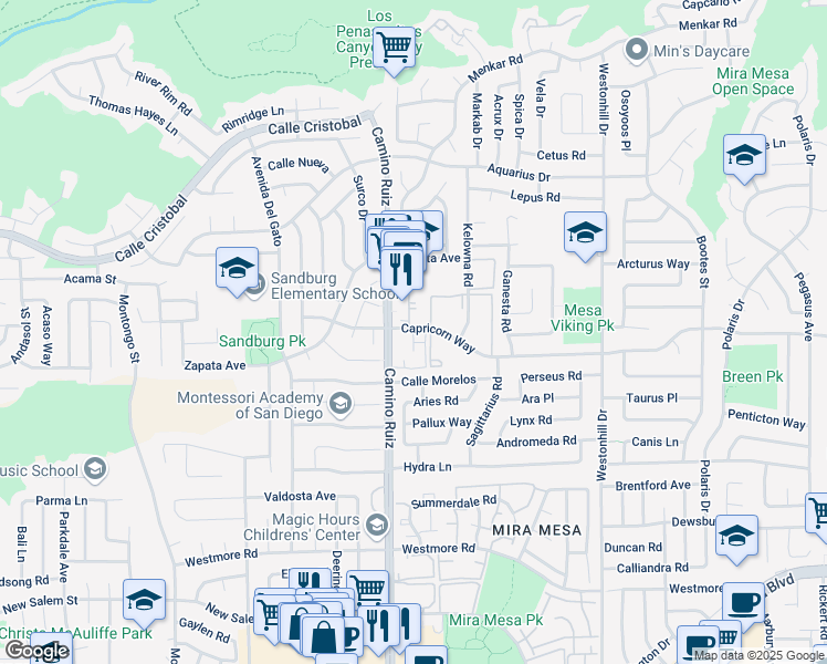 map of restaurants, bars, coffee shops, grocery stores, and more near 8392 Capricorn Way in San Diego