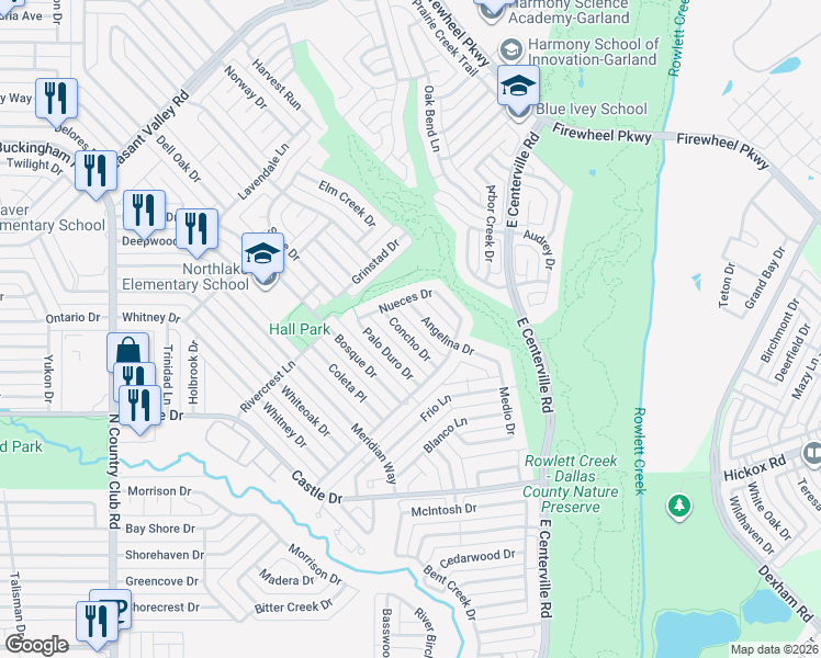 map of restaurants, bars, coffee shops, grocery stores, and more near 1818 Angelina Drive in Garland