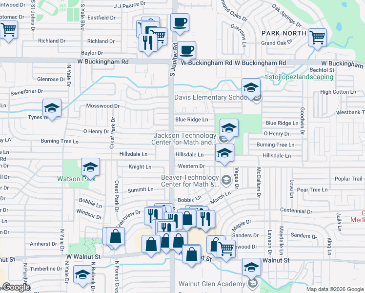 map of restaurants, bars, coffee shops, grocery stores, and more near 3426 Burning Tree Lane in Garland