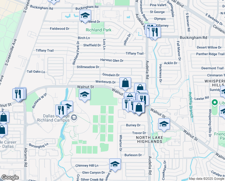 map of restaurants, bars, coffee shops, grocery stores, and more near 9500 Walnut Street in Dallas