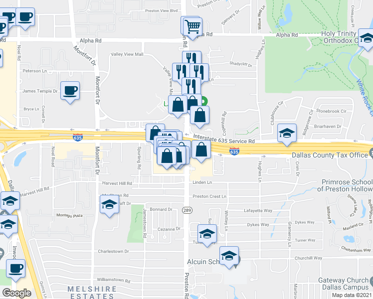 map of restaurants, bars, coffee shops, grocery stores, and more near 12969 Preston Road in Dallas