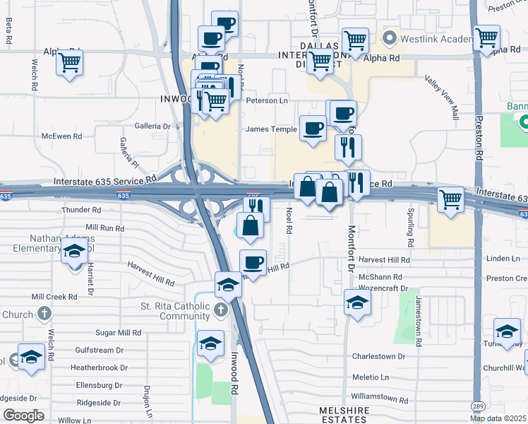 map of restaurants, bars, coffee shops, grocery stores, and more near 5470 Lyndon B Johnson Freeway in Dallas