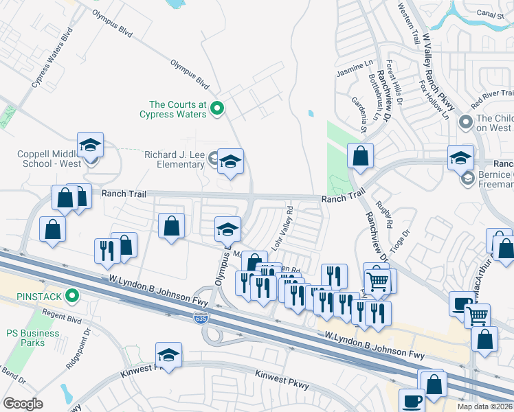 map of restaurants, bars, coffee shops, grocery stores, and more near 2043 Loma Alta Road in Irving