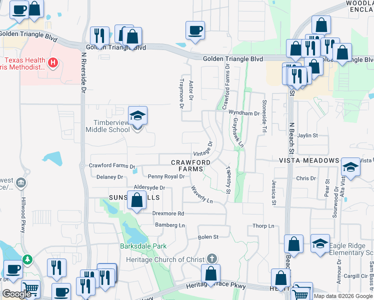 map of restaurants, bars, coffee shops, grocery stores, and more near 10233 Vintage Drive in Fort Worth