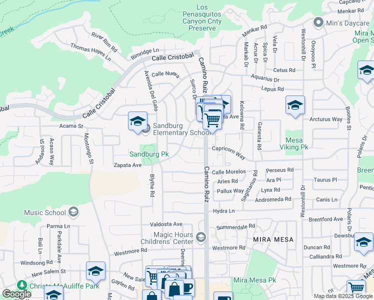 map of restaurants, bars, coffee shops, grocery stores, and more near 11192 Nalco Street in San Diego