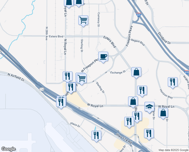map of restaurants, bars, coffee shops, grocery stores, and more near 8616 South Freeport Parkway in Irving
