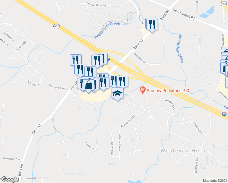 map of restaurants, bars, coffee shops, grocery stores, and more near 5425 Bowman Road in Macon