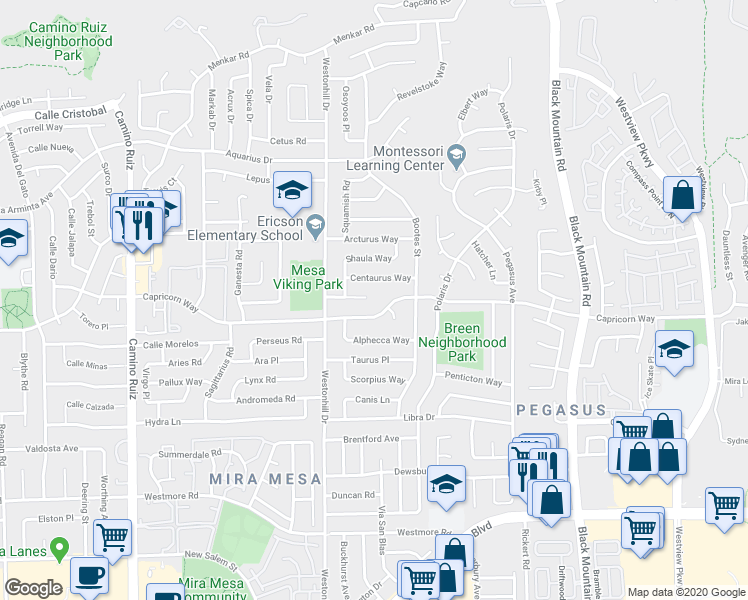 map of restaurants, bars, coffee shops, grocery stores, and more near 8859 Corvus Place in San Diego