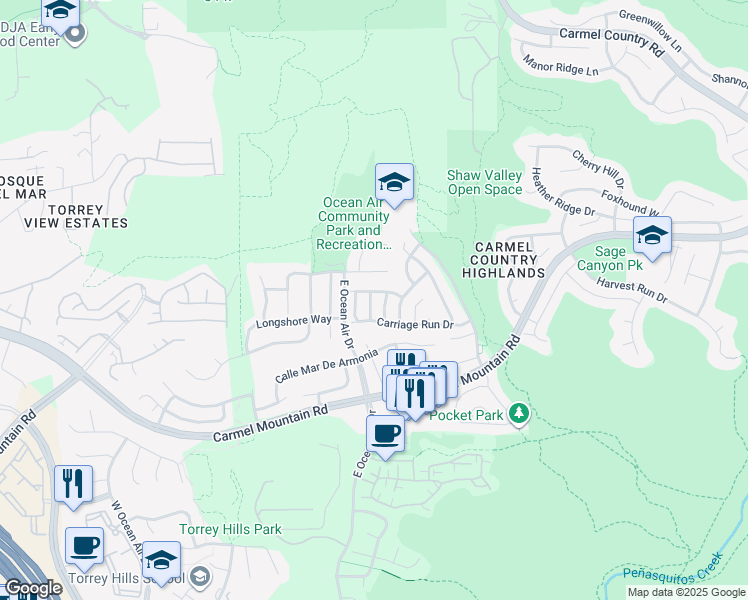 map of restaurants, bars, coffee shops, grocery stores, and more near 11373 Saddle Cove Lane in San Diego
