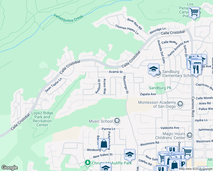 map of restaurants, bars, coffee shops, grocery stores, and more near 11153 Acaso Way in San Diego