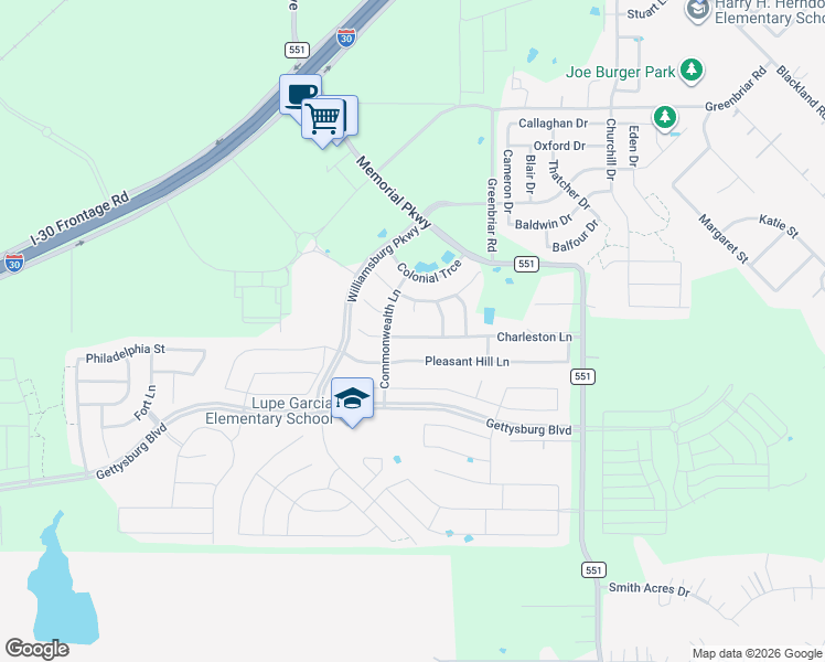 map of restaurants, bars, coffee shops, grocery stores, and more near 178 Charleston Lane in Royse City