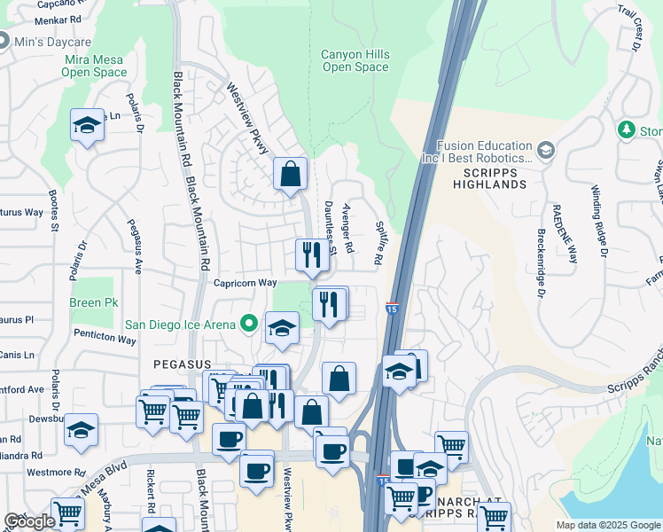 map of restaurants, bars, coffee shops, grocery stores, and more near 9817 Dauntless Street in San Diego