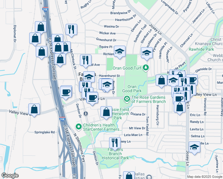 map of restaurants, bars, coffee shops, grocery stores, and more near 13231 Nestle Dr in Farmers Branch