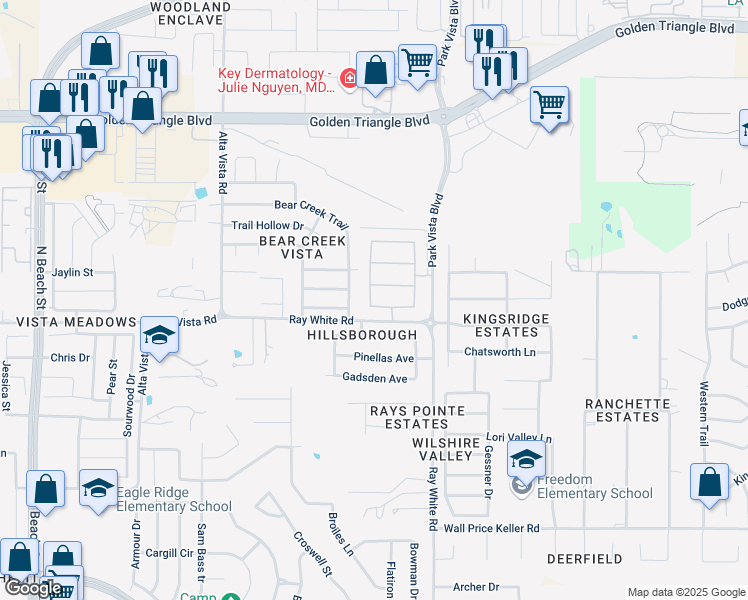 map of restaurants, bars, coffee shops, grocery stores, and more near 5101 Tortola Lane in Keller