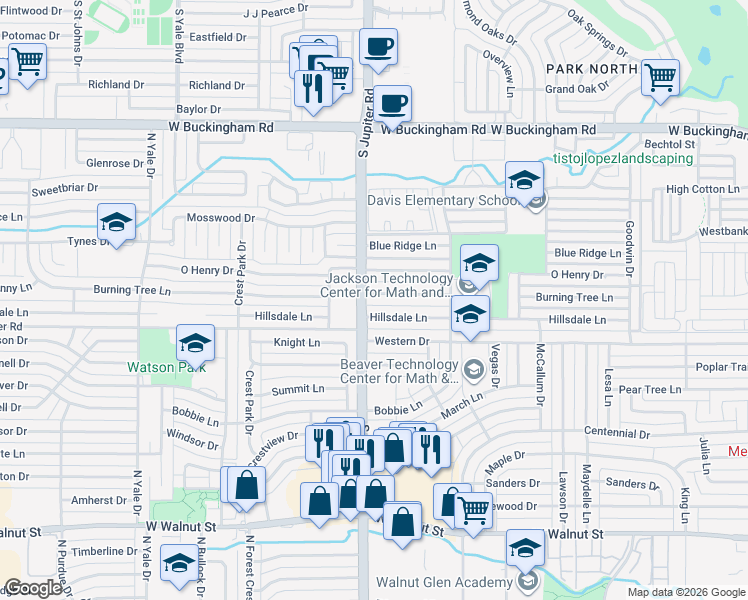 map of restaurants, bars, coffee shops, grocery stores, and more near 3426 Burning Tree Lane in Garland