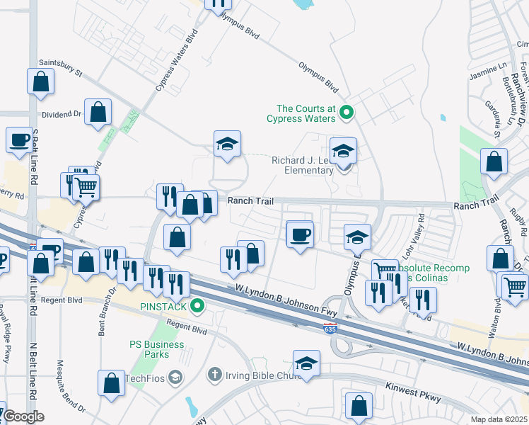 map of restaurants, bars, coffee shops, grocery stores, and more near 2522 Bailey Court in Irving