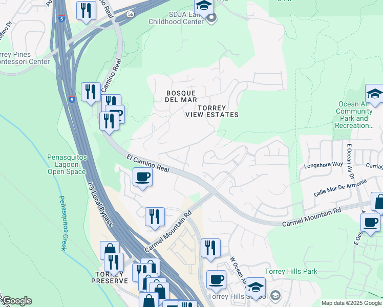 map of restaurants, bars, coffee shops, grocery stores, and more near 11365 East San Raphael in San Diego