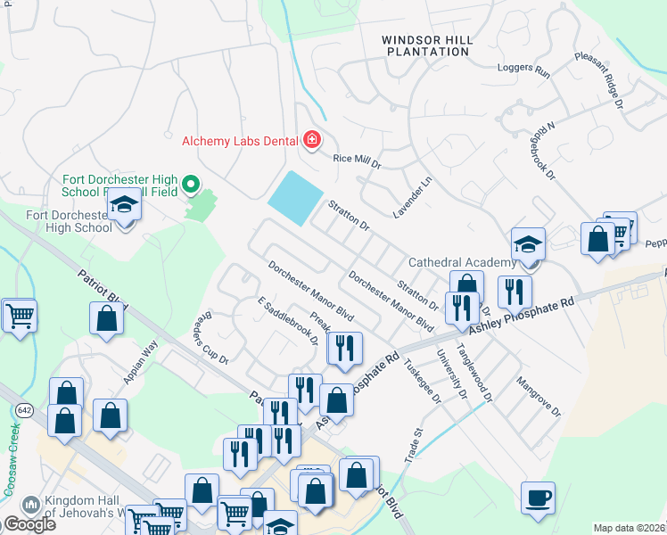 map of restaurants, bars, coffee shops, grocery stores, and more near 148 Dorchester Manor Boulevard in Charleston