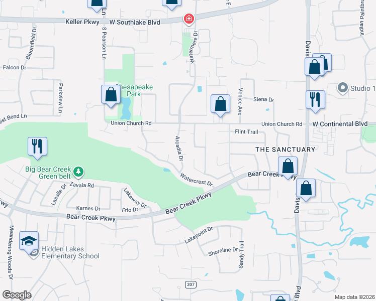map of restaurants, bars, coffee shops, grocery stores, and more near 518 Ironwood Drive in Keller