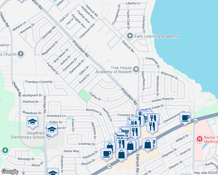 map of restaurants, bars, coffee shops, grocery stores, and more near 7405 Aberdeen Drive in Rowlett