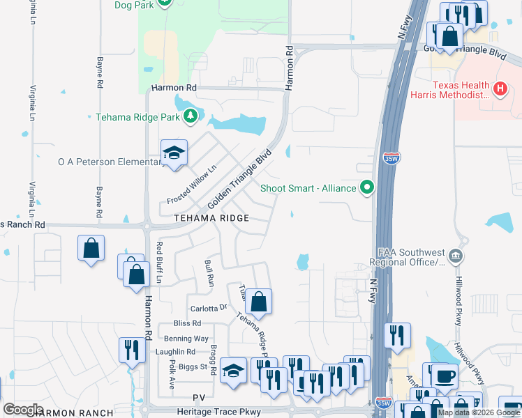 map of restaurants, bars, coffee shops, grocery stores, and more near 10413 Merced Lake Road in Fort Worth