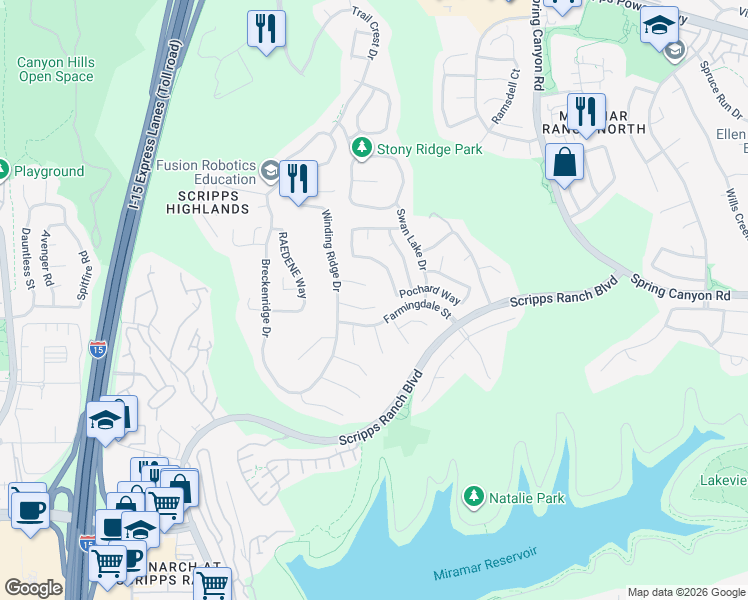 map of restaurants, bars, coffee shops, grocery stores, and more near 11344 Luxembourg Way in San Diego