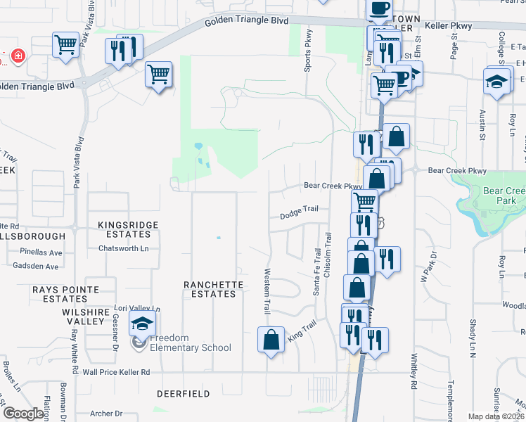 map of restaurants, bars, coffee shops, grocery stores, and more near 712 Western Trail in Keller