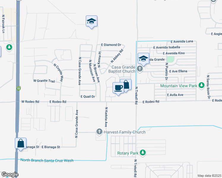 map of restaurants, bars, coffee shops, grocery stores, and more near 700 East Rodeo Road in Casa Grande