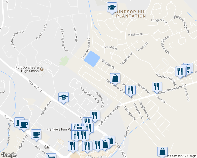 map of restaurants, bars, coffee shops, grocery stores, and more near 148 Dorchester Manor Boulevard in Charleston
