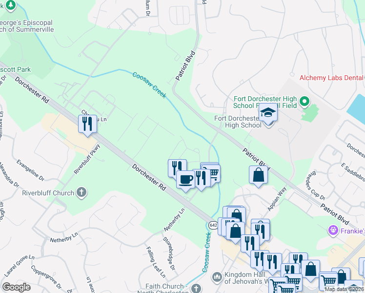 map of restaurants, bars, coffee shops, grocery stores, and more near 8673 Grassy Oak Trail in North Charleston