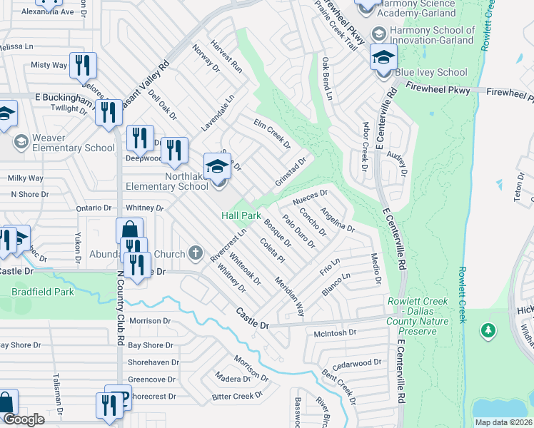 map of restaurants, bars, coffee shops, grocery stores, and more near 1810 Palo Duro Drive in Garland