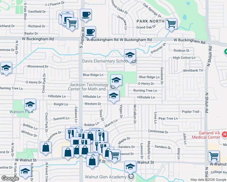 map of restaurants, bars, coffee shops, grocery stores, and more near 1310 Bobbie Lane in Garland