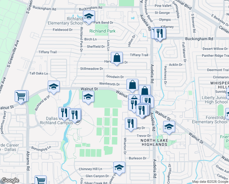 map of restaurants, bars, coffee shops, grocery stores, and more near 9500 Walnut Street in Dallas