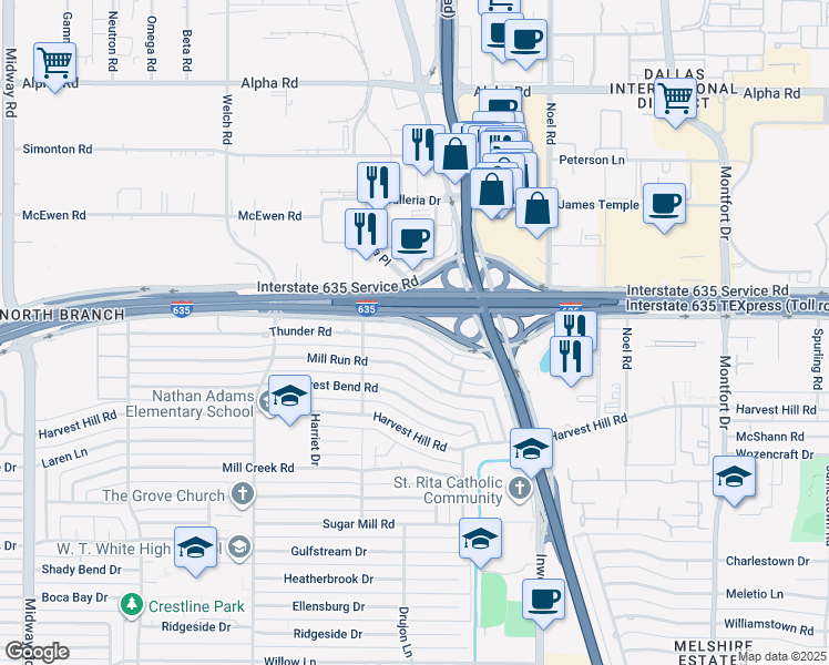 map of restaurants, bars, coffee shops, grocery stores, and more near 4949 Thunder Road in Dallas