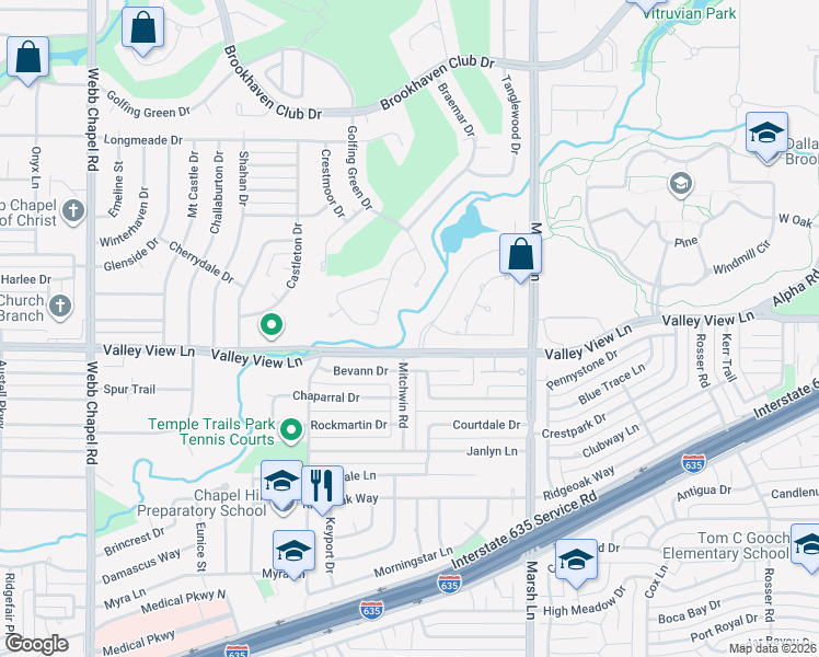 map of restaurants, bars, coffee shops, grocery stores, and more near 13203 Glad Acres Drive in Farmers Branch