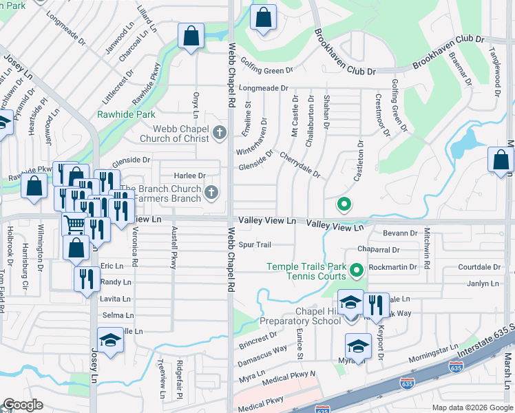 map of restaurants, bars, coffee shops, grocery stores, and more near 3140 Colchester Drive in Farmers Branch