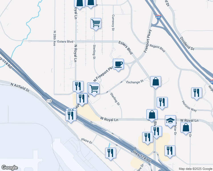 map of restaurants, bars, coffee shops, grocery stores, and more near 8616 Freeport Parkway in Irving