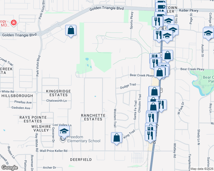 map of restaurants, bars, coffee shops, grocery stores, and more near 712 Western Trail in Keller