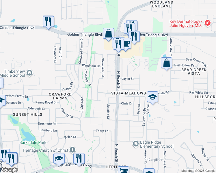 map of restaurants, bars, coffee shops, grocery stores, and more near 4316 Stonecrest Court in Fort Worth