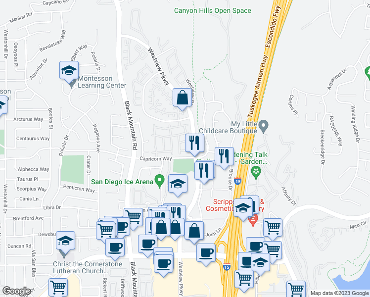 map of restaurants, bars, coffee shops, grocery stores, and more near 9624 Capricorn Way in San Diego