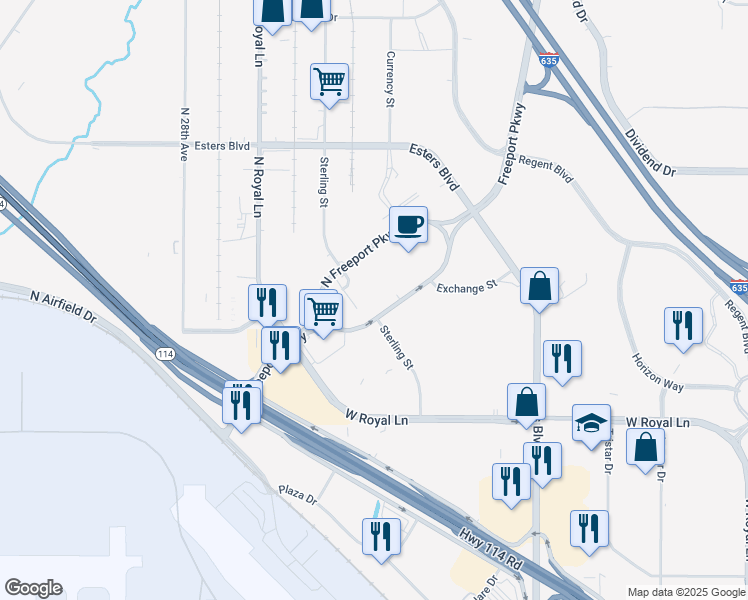 map of restaurants, bars, coffee shops, grocery stores, and more near 8616 Freeport Parkway in Irving